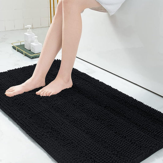 Grandaily Chenille Striped Bathroom Rugs 59x24, Extra Thick and Absorbent Bath Mats, Non-Slip Soft Plush Shaggy Shower Carpet, Machine Wash Dry, Bath Rug for Bathroom, Black