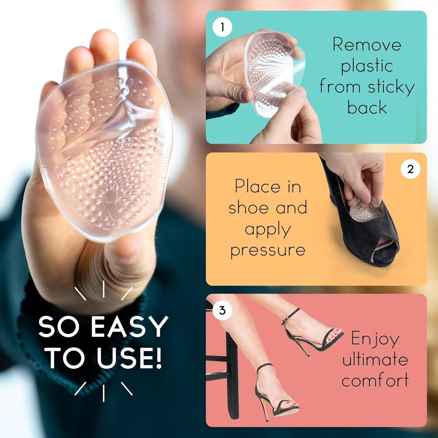 Walkize Metatarsal Pads Women | Heel Inserts for Women | Ball of Foot Cushions (2 Pairs Foot Pads) All Day Pain Relief and Comfort One Size Fits Shoe Inserts (Clear)