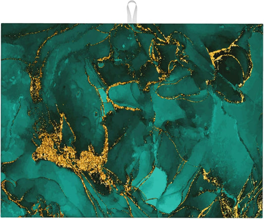 Turquoise Marble Decorative Dish Drying Mat for Kitchen Counter Emerald Dark Green Dishes Pad Dish Drainer Rack Mats 18"x24" Absorbent Washable Reusable