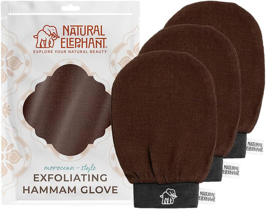 Natural Elephant Exfoliating Hammam Glove | Authentic Moroccan Kessa Body Scrub Mitt for Spa-Quality Skin Renewal | Chocolate Brown 3 Pack
