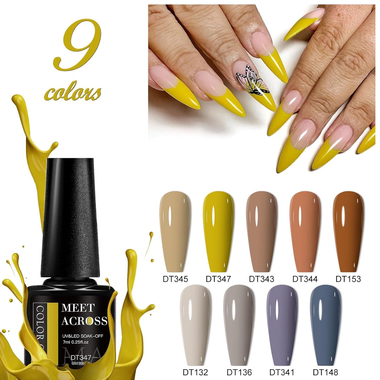 MEET ACROSS 9 Colors Gel Nail Polish + 3PCS Function Gel Nail Polish Kit,Fashion Nail Art Set Design Gifts for Women Manicure Salon (SET5, 12pcs)