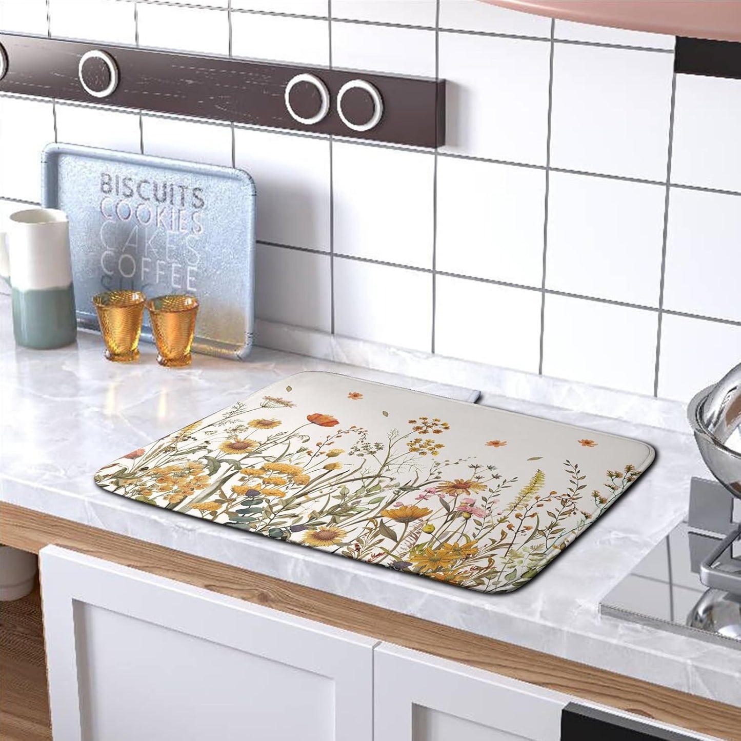 Fall Floral Dish Drying Mat for Kitchen Counter Autumn Burnt Orange Wild Flowers Dish Draining Mat Absorbent Microfiber Dishes Pad Washable Dish Drainer Rack Mat Medium 16"x18"