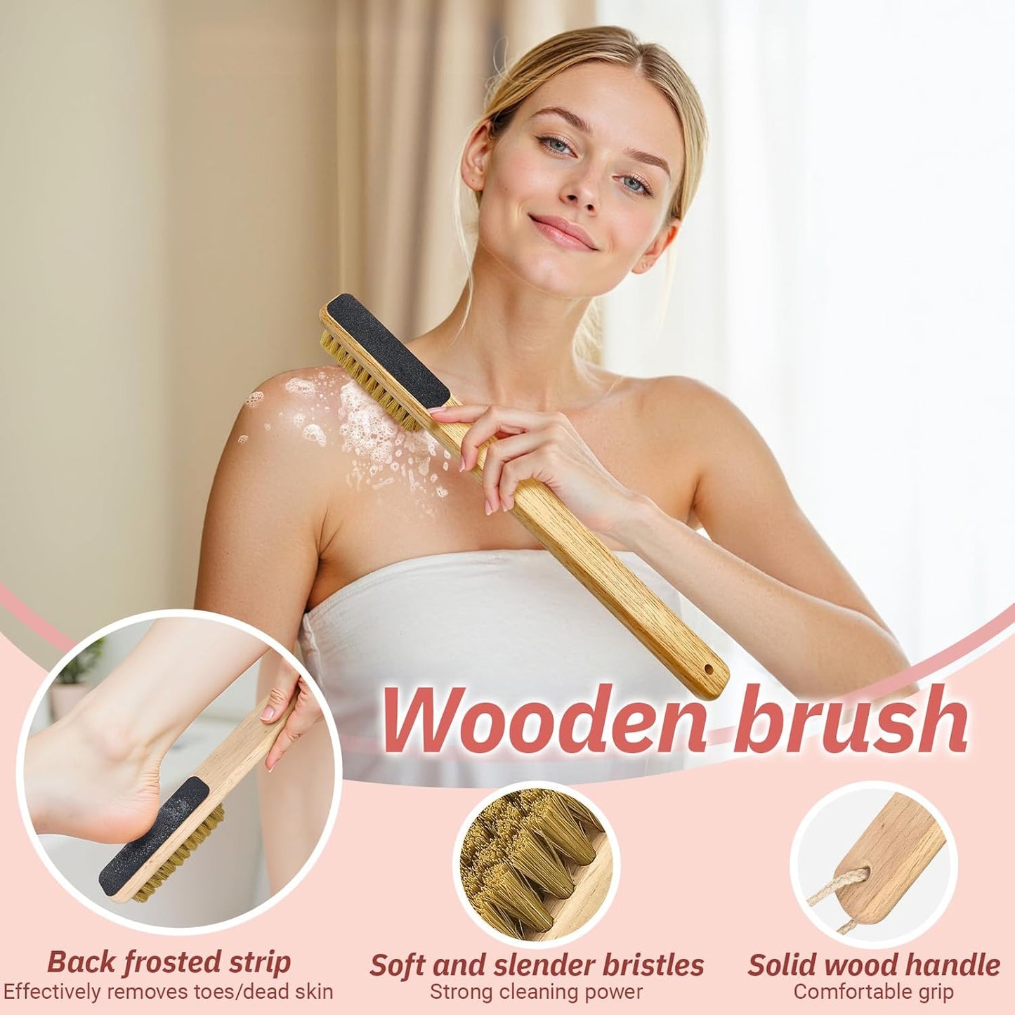 Long Handle Toe Gap Cleaning Brush+Body Shower Brush+Foot Grinder, Silicone Foot Scrubber for Shower, Feet Cleaner Scrub Foot Care for Seniors,Elderly, Men and Women,Pink