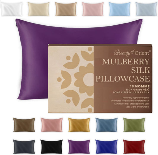 19 Momme Premium Mulberry Silk Pillowcase for Hair and Skin | Handcrafted Hypoallergenic & Anti-Acne 100% Silk Pillow Cases with Zipper | King - 20" x 36", Purple Passion