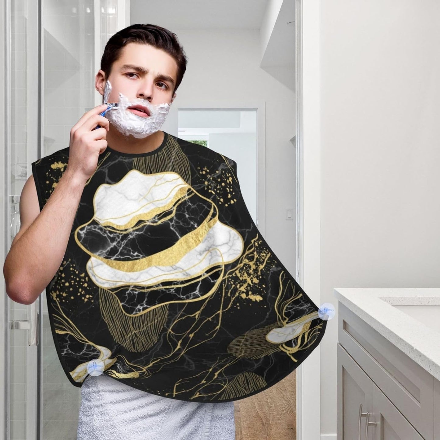 Beard Hair Catcher for Men, Waterproof Shaving Bib Apron Non-Stick, Trimming Tool for Dad Husband, Gold Black Marble Shave Bib