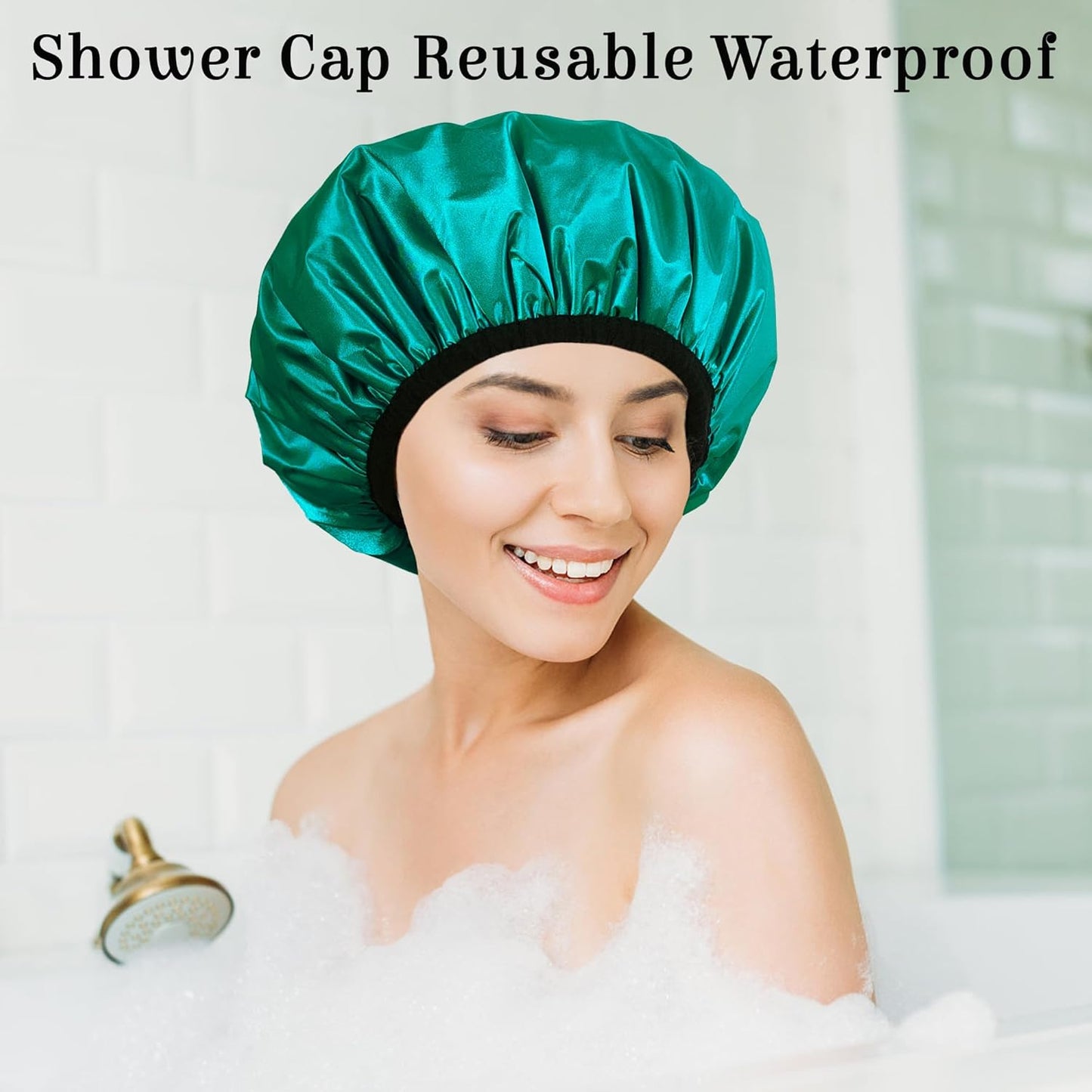 Shower Cap Reusable Waterproof, Terry Lined Shower Caps for Women, Triple Layer Hair Cap for Shower, Large Plastic Shower Cap for Braids Long Hair