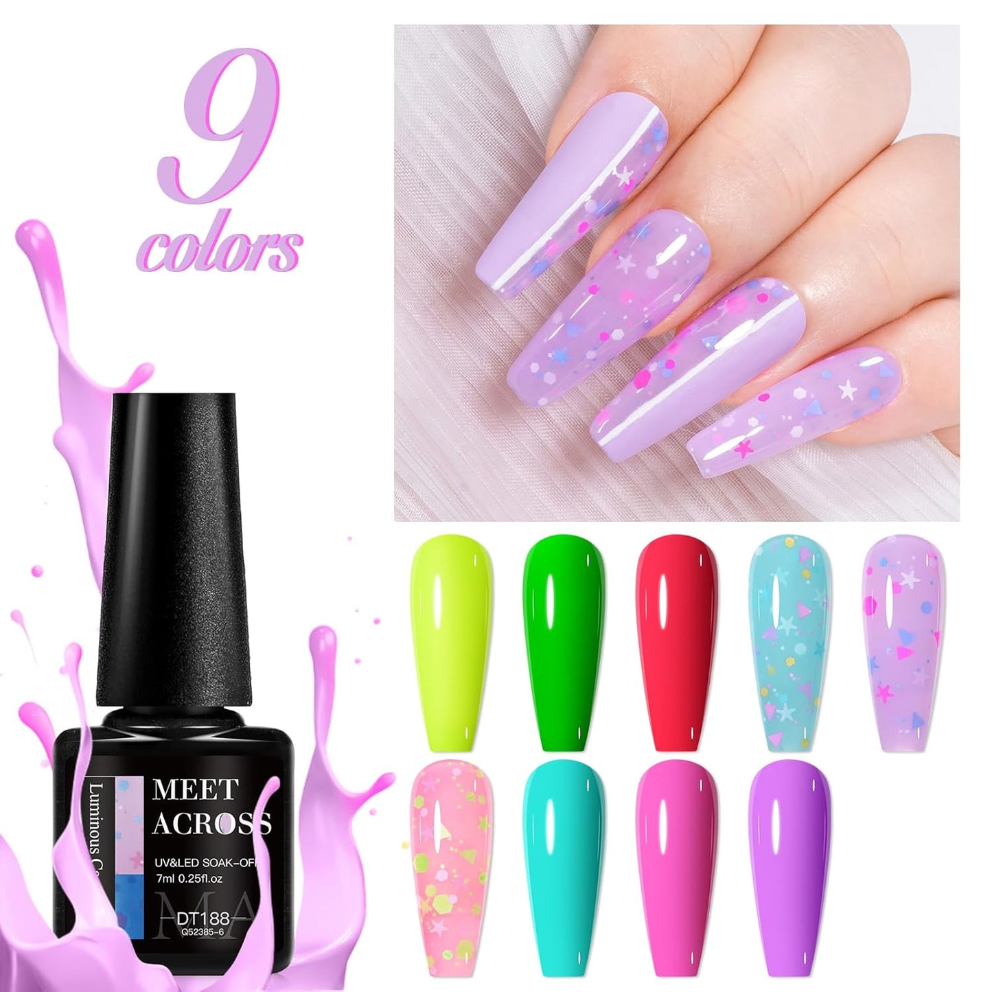 MEET ACROSS 9 Colors Gel Nail Polish + 3PCS Function Gel Nail Polish Kit,Fashion Nail Art Set Design Gifts for Women Manicure Salon (SET17, 12pcs)