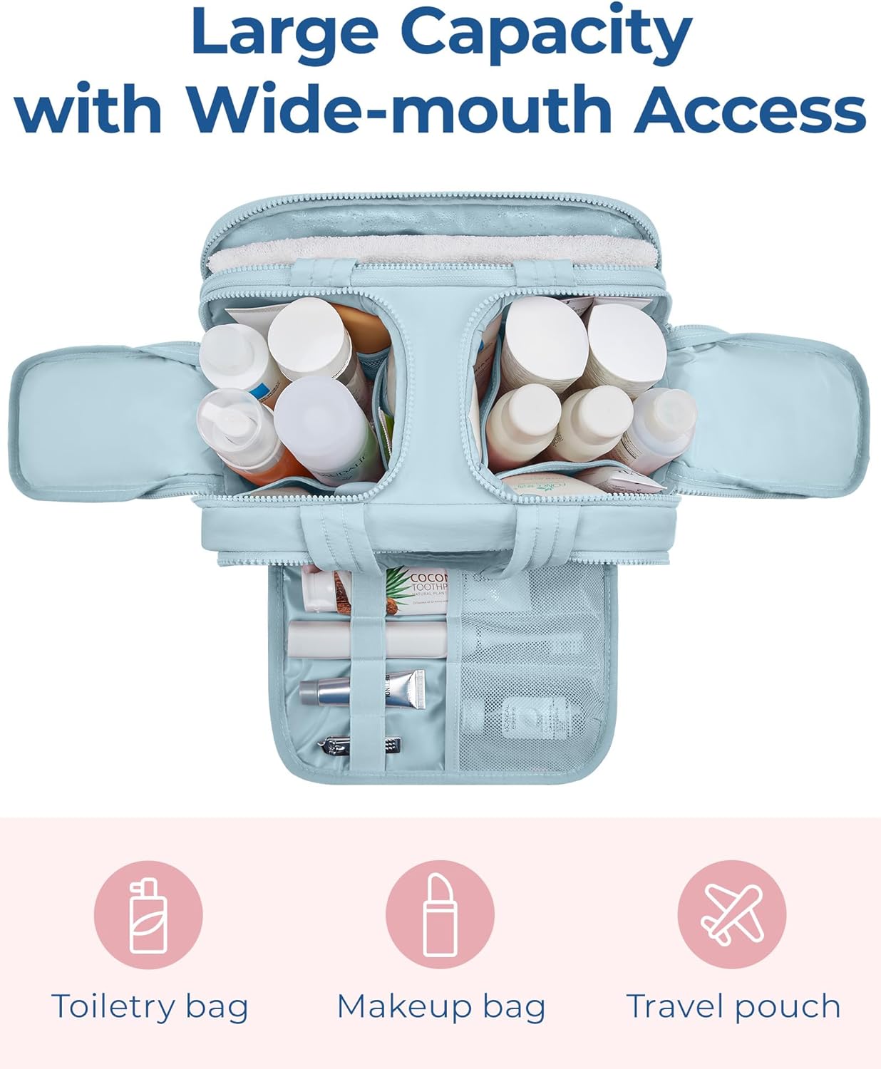 BAGSMART Travel Toiletry Bag, Lightweight Large Wide-open Travel Bag for Women, Puffy Cosmetic Makeup Bag Organizer with Handle for Accessories,Essentials, Toiletries, Blue