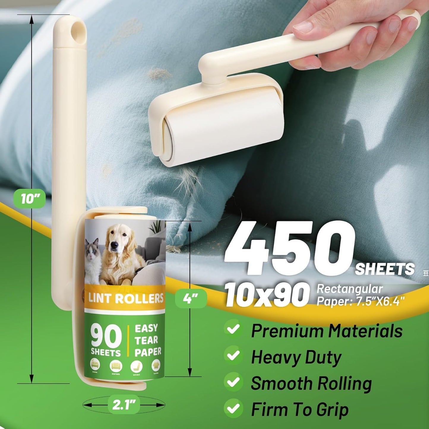 Lint Roller 2-in-1 Rotatable Handle Pet Hair Remover for Laundry Dog Hair, Cat Hair, Animal Fur, Fuzz Extra Sticky Roller for Couch, Clothes, Furniture and Carpet (5 Pack)