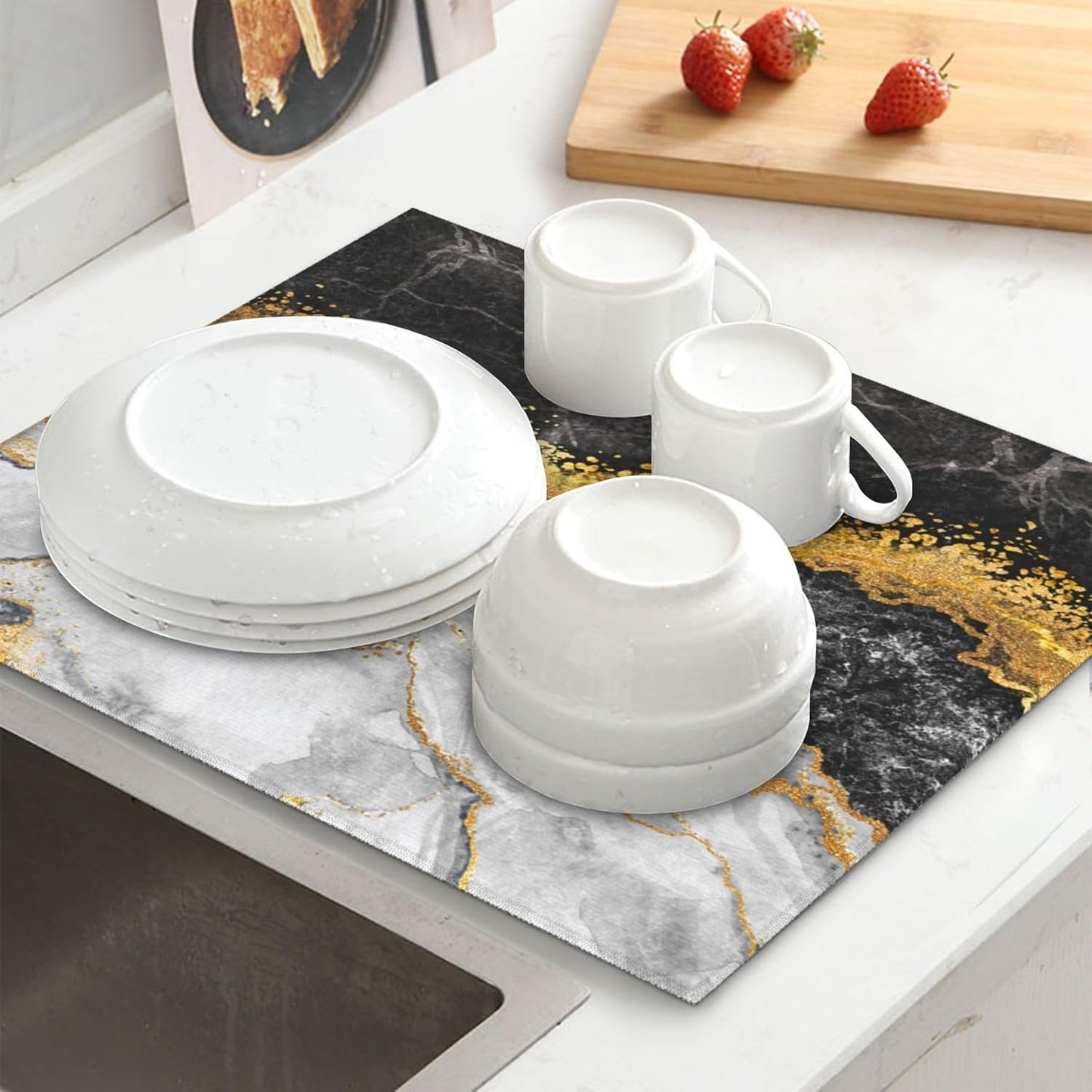 Black Gold Marble Dish Drying Mat for Kitchen Counter Gold and Black Grey Dish Drainer Rack Mats 16x18 Inches Absorbent Reversible Cute Drying Pad