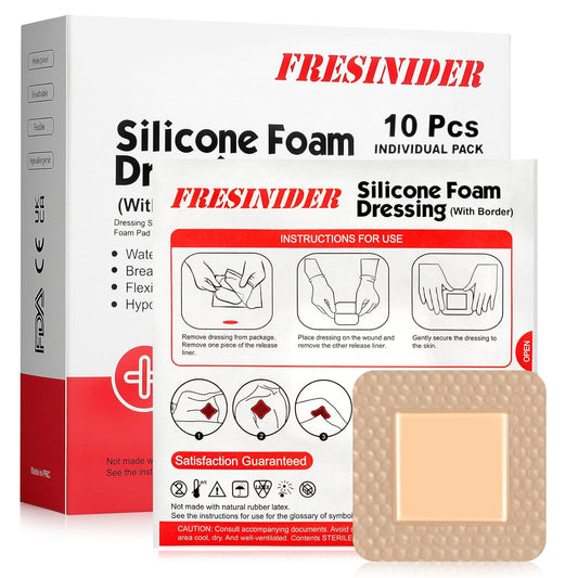FRESINIDER Silicone Foam Dressing with Adhesive Border – Wound Dressing Bandage – Silicone Foam Pad – Pack of 10 – 2 x 2 Inches Large Waterproof Bandages – Self Adhesive Wound Care and Dressings
