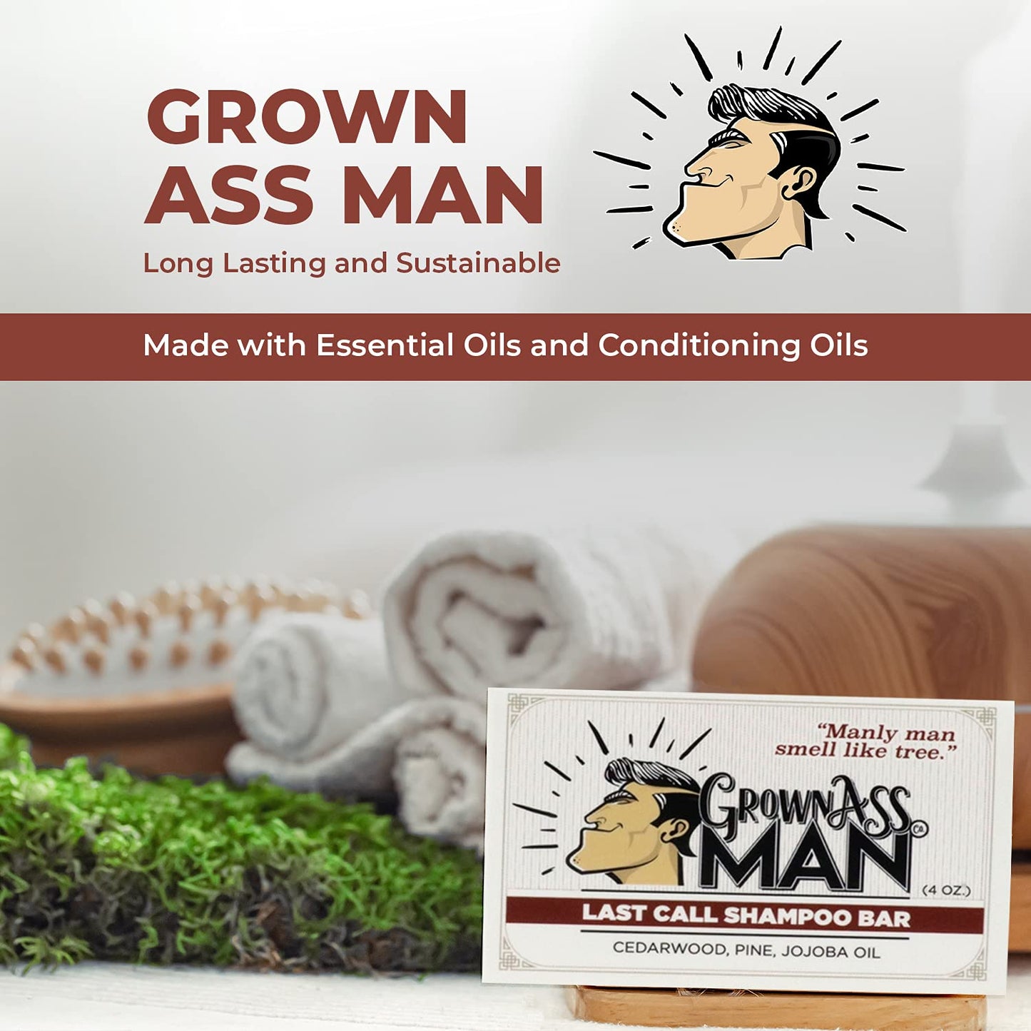 Grown Ass Man Co. - Solid Shampoo Bar Rich Lather 3 in 1: Hair, Beard & Body Wash - Plastic Free & Eco-Friendly, Natural & Organic Clean for All Hair Types, 4oz Bar (Last Call, 3-Pack)