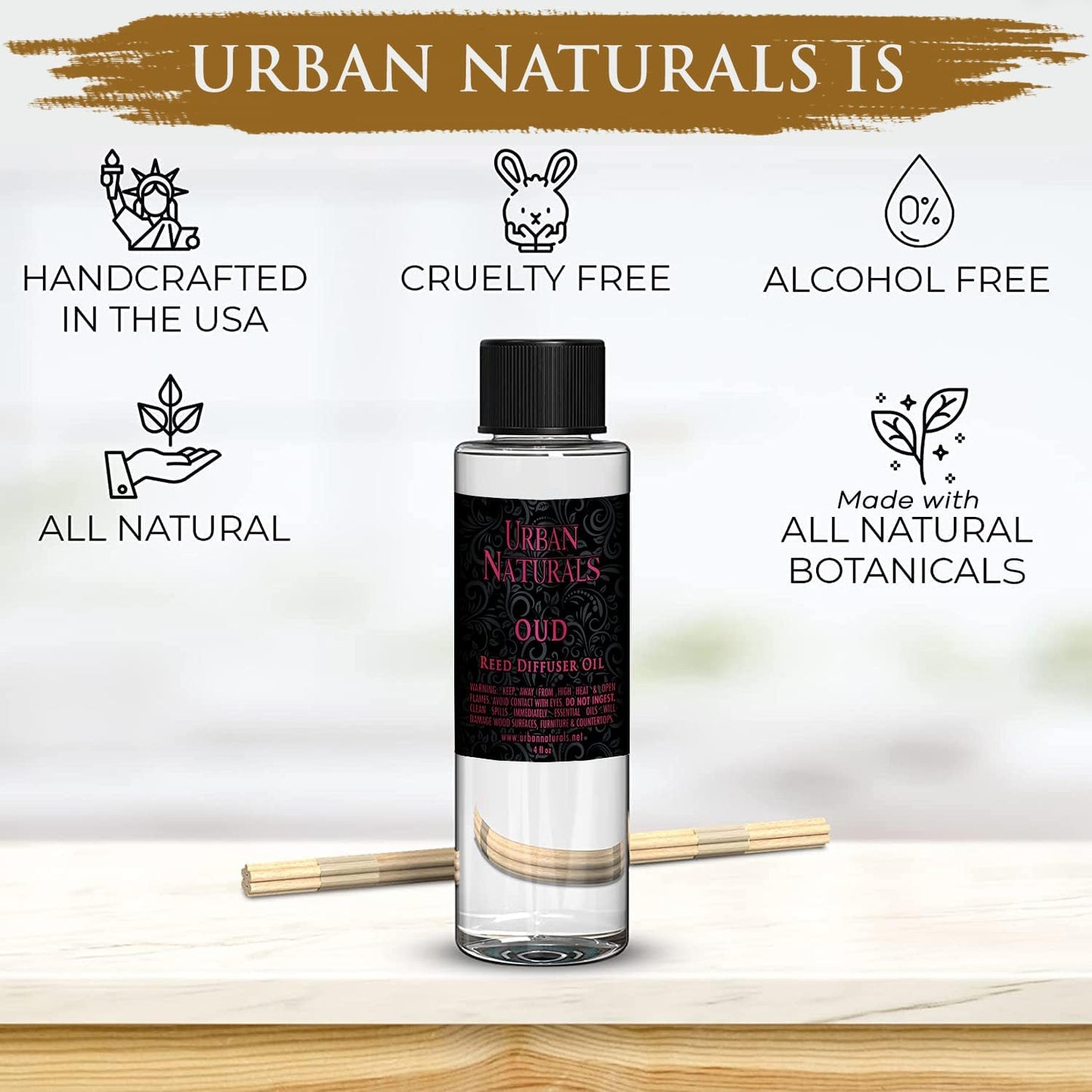 Urban Naturals Reed Diffuser Oil Refill, Oud Diffuser Oil with Raspberry, Warm Amber, Bergamot, 4 oz + Free Reed Sticks, Made in The USA