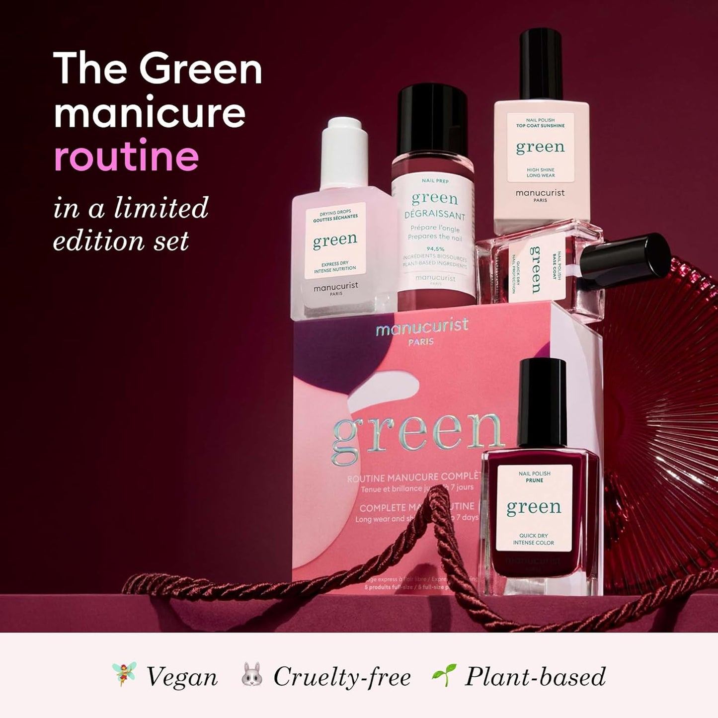 Manucurist Green™ System Holiday Gift Set with Plum - Professional Vegan Plant-Based Manicure Kit: 1 Degreaser, 1 Base Coat, 1 Nail Polish Dark Wine, 1 Top Coat, Dried Drops- Christmas Gifts for Women