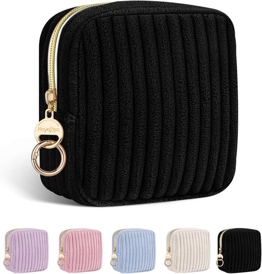 Period Bag for Teen Girls, Corduroy Sanitary Napkin Storage Bag, Fluffy Menstrual Pad PouchTampon Holder for Purse (Black)