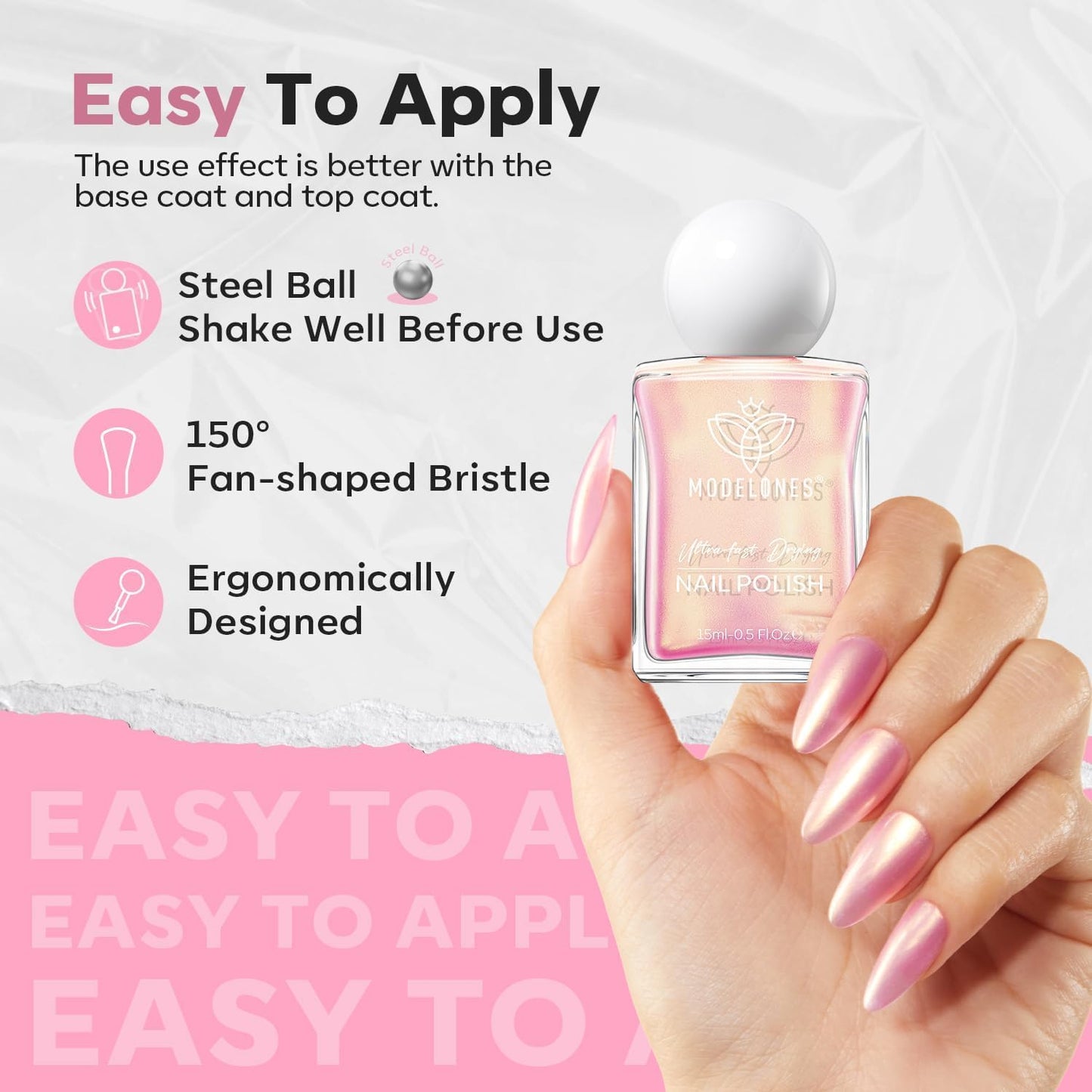 modelones Chrome Pink Nail Polish, 15 ml Pearl Mermaid Iridescent Shimmer Pink Quick Dry Nail Lacquer Long Last Shine Fingernail Polish Nail Art DIY Home Manicure Gift for Women Girls 0.5 Fl Oz