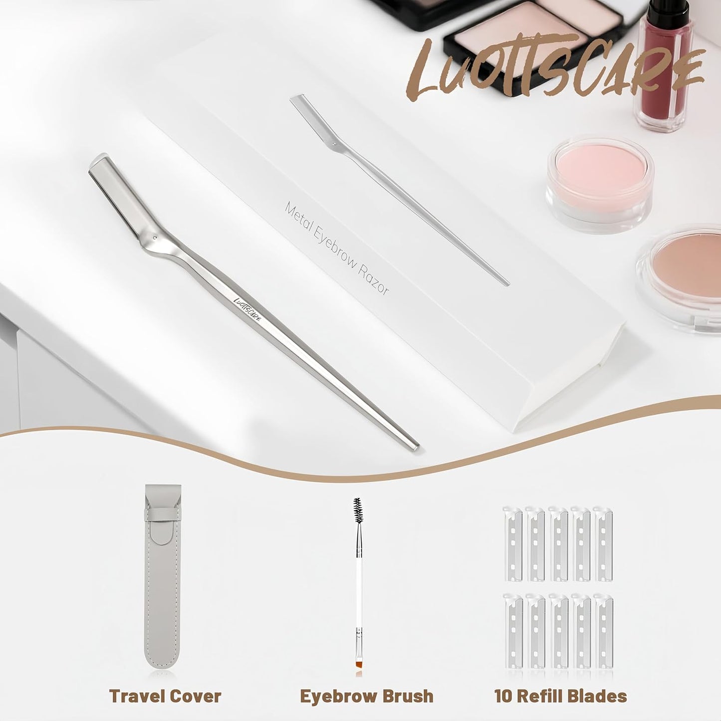 Stainless Steel Eyebrow Razor - Face Razors with Travel Cover & 10 Refill Blades, Eyebrow Brush - Help Exfoliate and Smooth Skin for Eyebrow, Leg, BIKINI, Facial, Beard Remove - L
