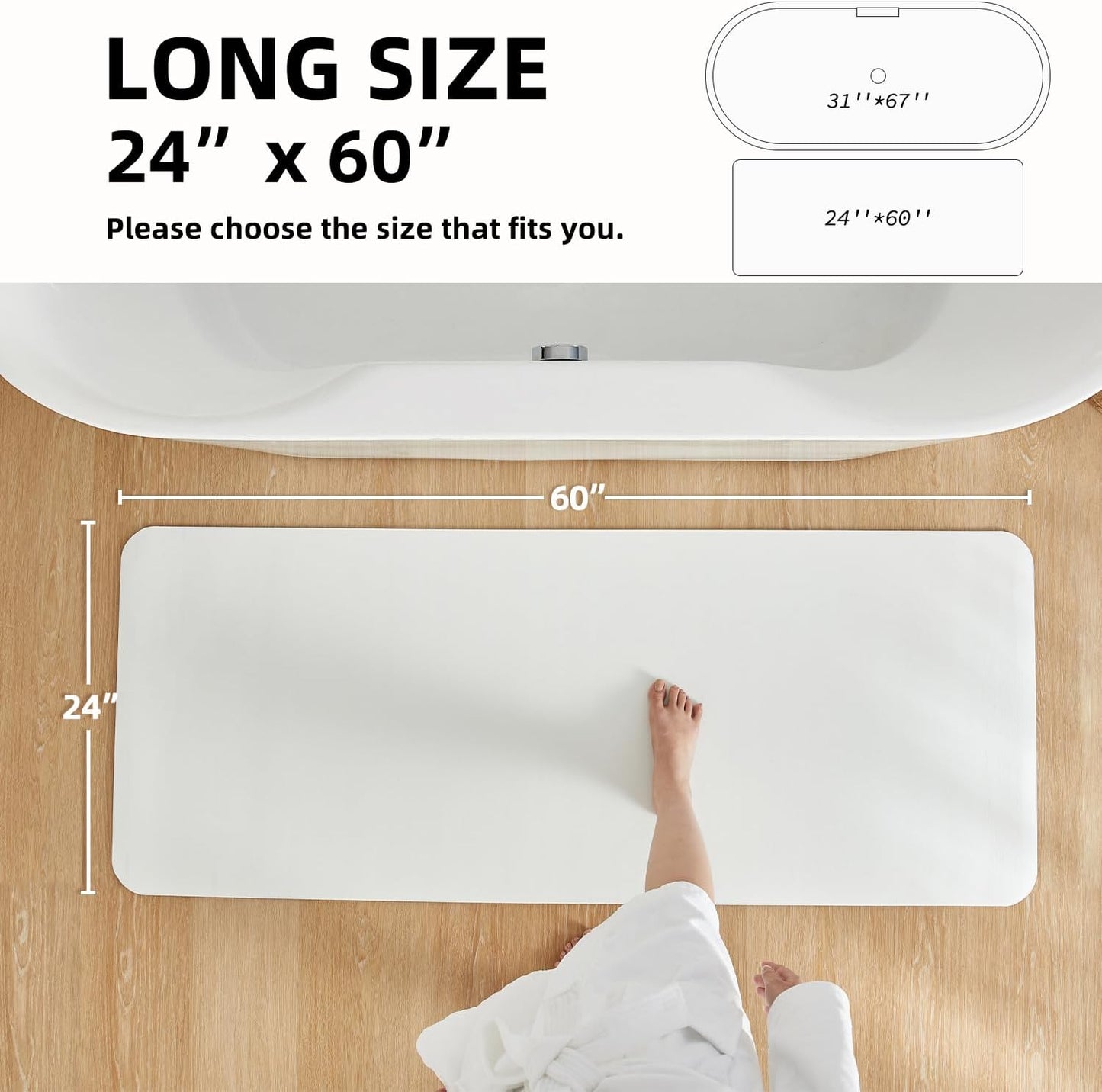 White Bath Mat, Bathroom Rugs Non Slip Washable Thin Absorbent Quick Dry Bath Mat Fits Under Door Bathroom Floor Mat Perfect for Bath, Shower, or Sink 24"x60" White