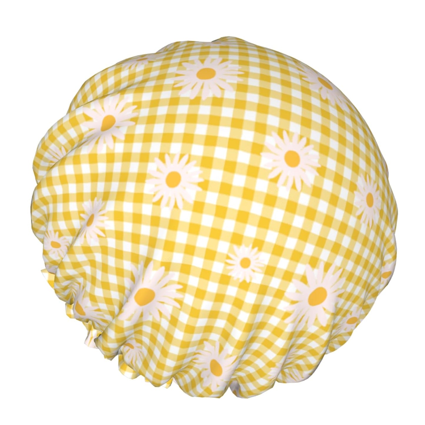Daisy Shower Caps Yellow Checkered Dual-Layer Waterproof Bath Hat Flower Reusable Hair Caps Elastic Hair Hat for Shower Cooking Clean Makeup Travel