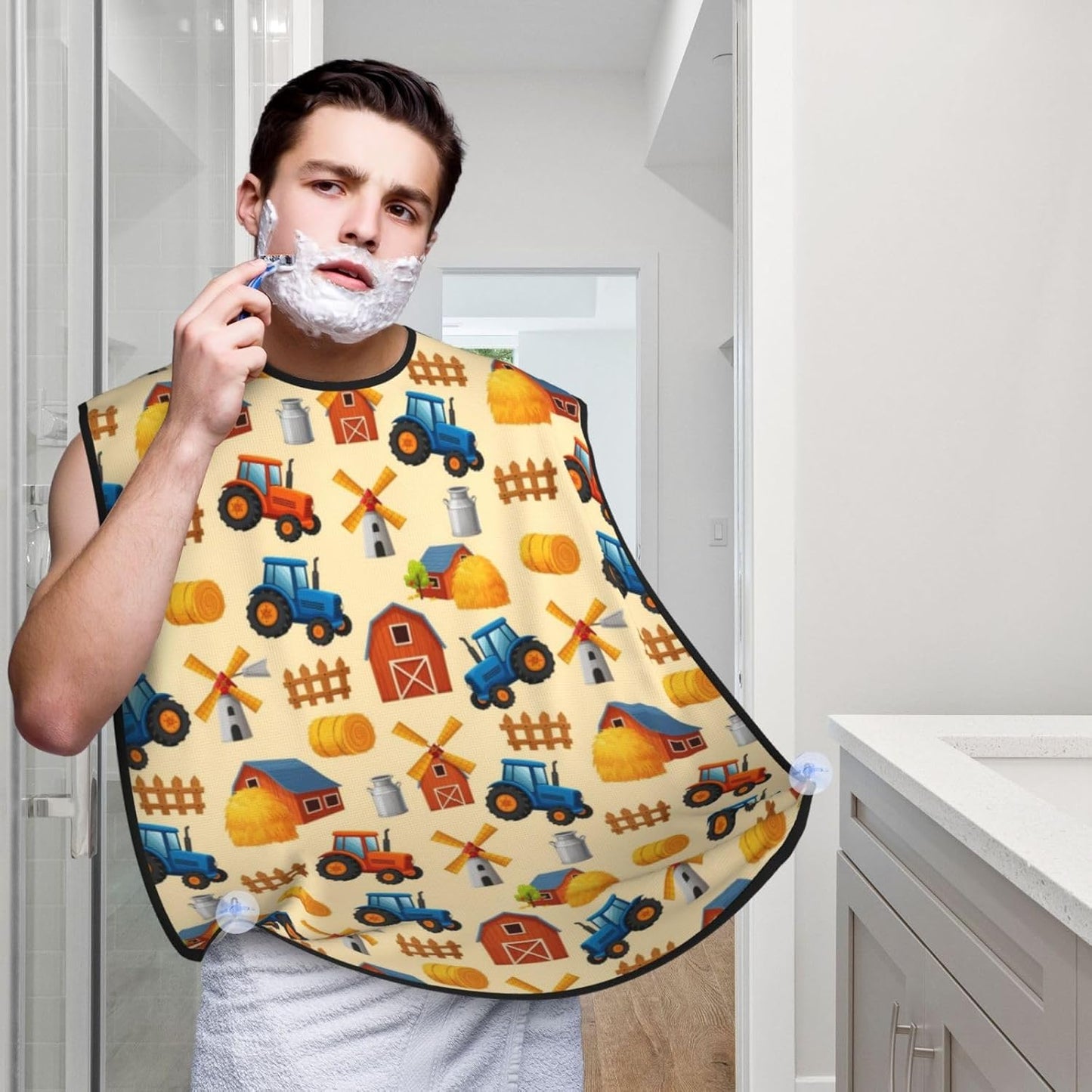 Ultimate Shaving Bib, Beard Trimming Apron with Hair Catcher, Farm Cars Tractor Truck