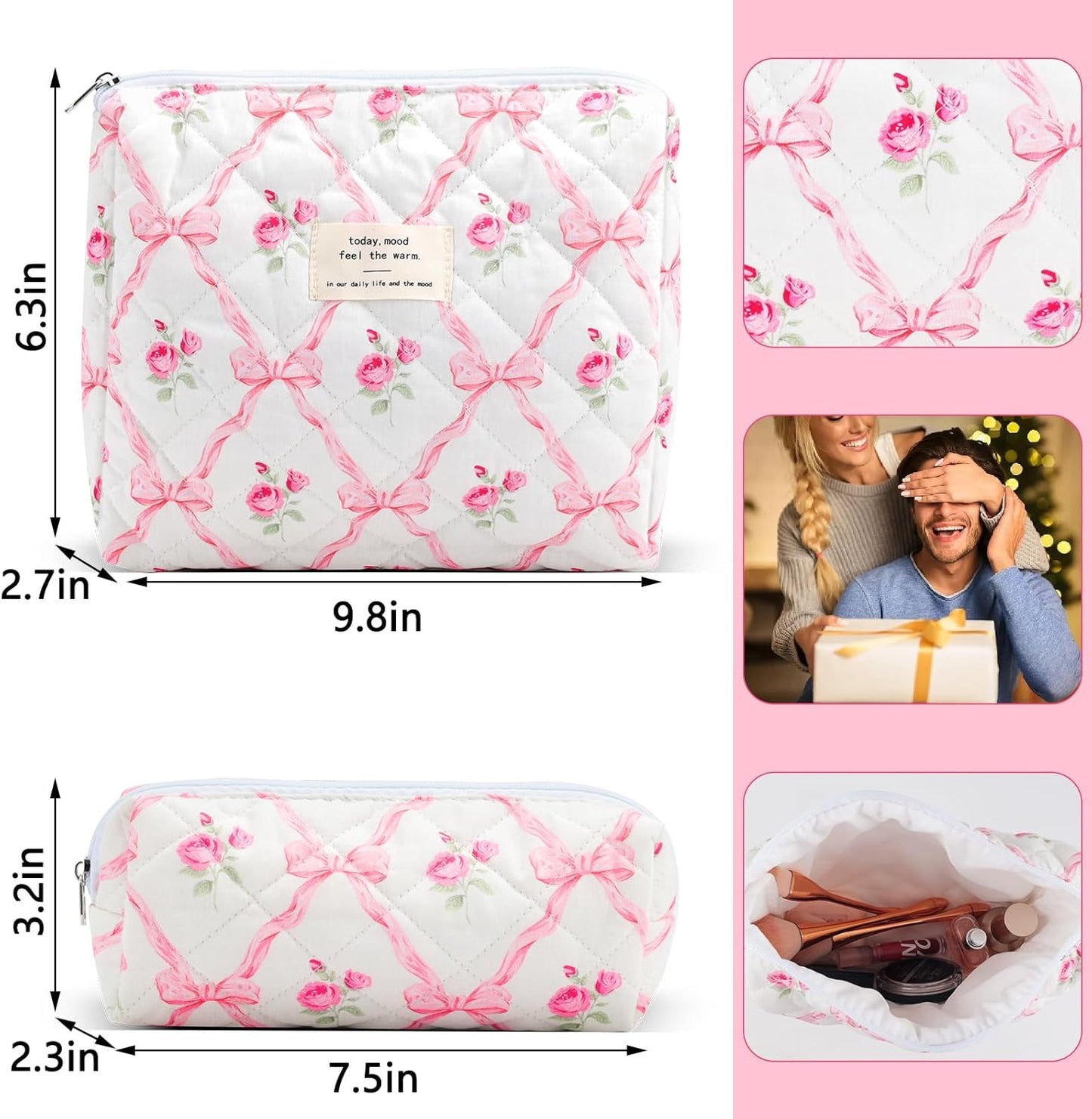 2Pcs Quilted Cotton Makeup Bag Large Travel Makeup Pouch Small Brush Holder Set for Women Cute Floral Coquette Makeup Bag Aesthetic Cosmetic Bag Pink Bow Toiletry Organizer Storage Bag Zipper Pouch