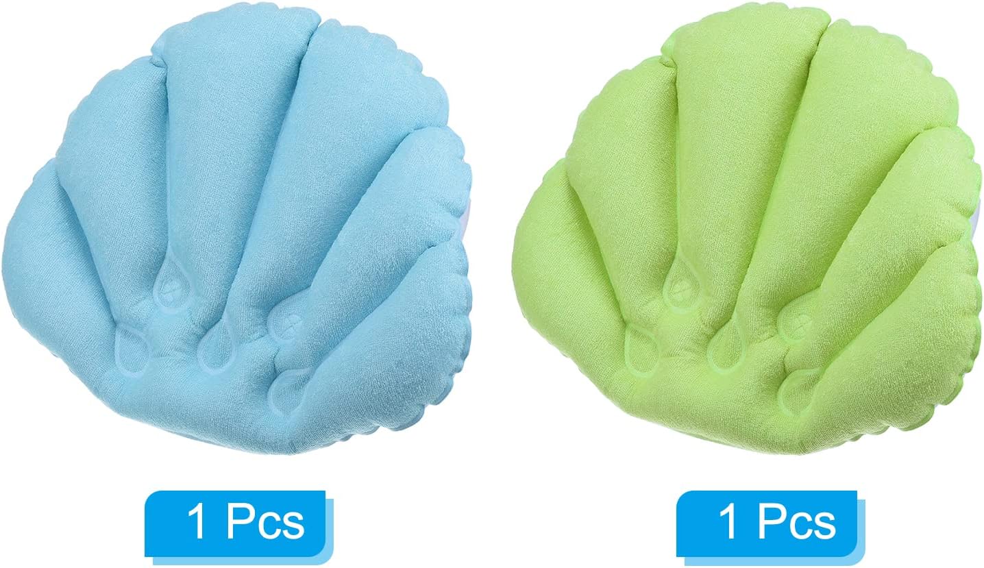 PATIKIL Inflatable Bath Pillow with Suction Cups, 2 Pack Terry Cloth Covered Shell Shape Soft Bath Spa Cushion Neck Support for Bathtub Hot Tub (Blue, Green)