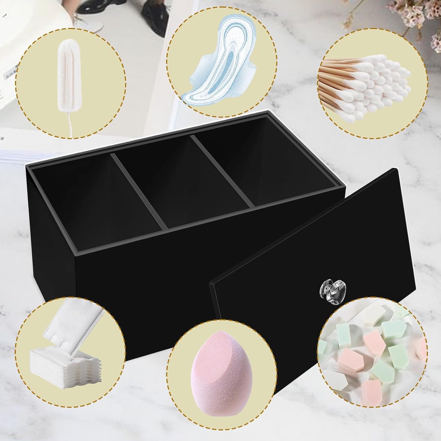 Tampon Box for Bathroom, Tampons and Pads Storage Holder, Women Period Organizer Container, Black