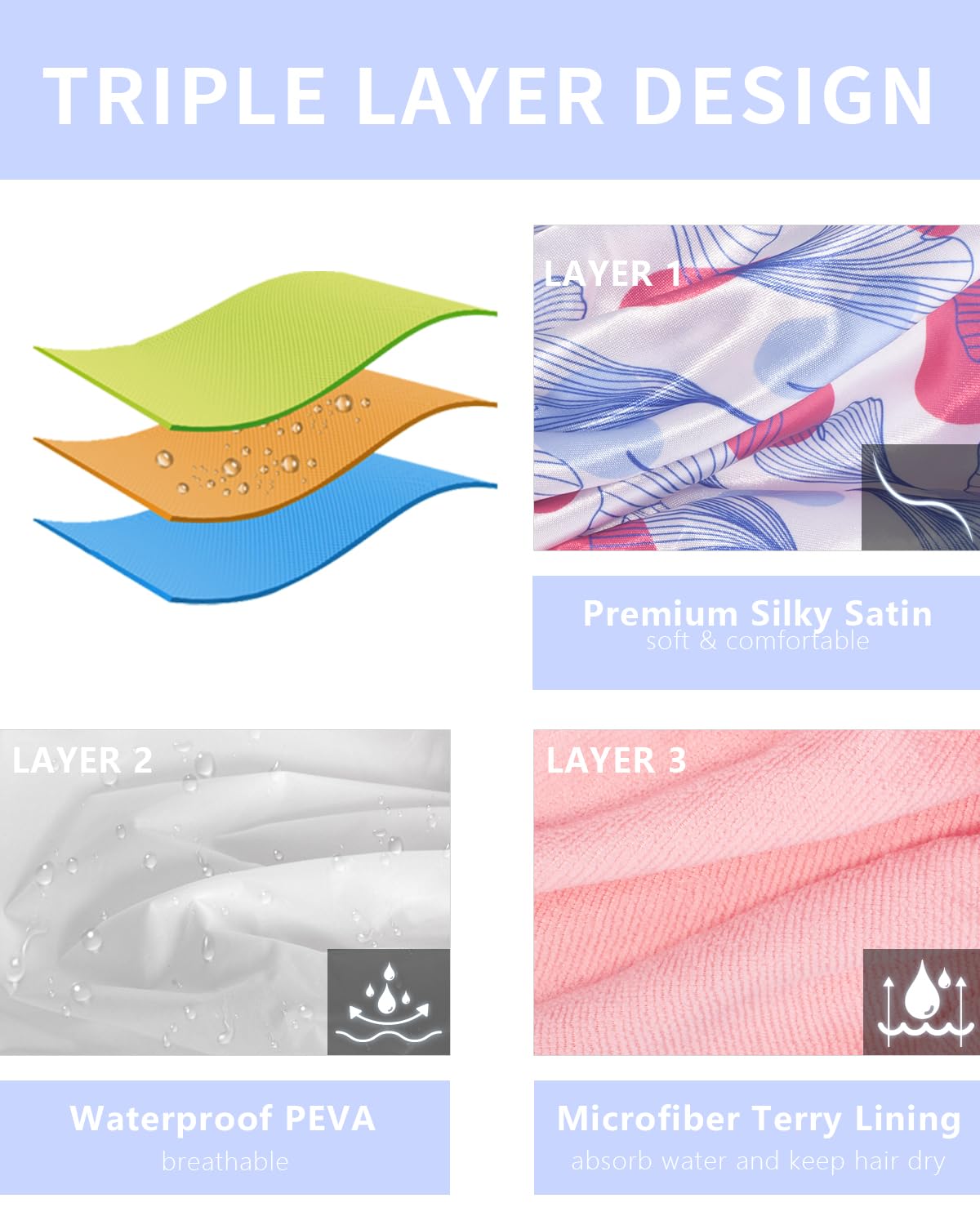 Auban Shower Cap, Shower Cap for Women Terry Cloth Lined EVA Exterior Reusable Double Layer Waterproof, Large Bath Hair Cap, Hotel Travel Essentials Accessories Cleaning Supplies (Flower)