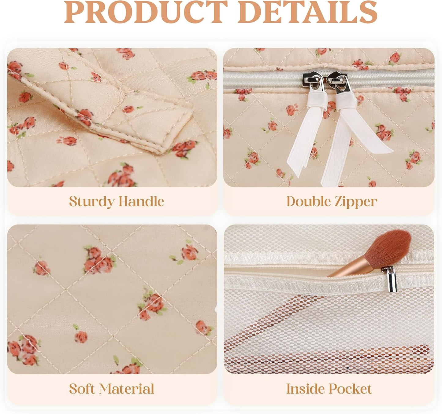 Prite Large Makeup Bag for Women Quilted Floral Cotton Cosmetic Bag Cute Coquette Aesthetic Floral Travel Toiletry Bag (Pink Flower)