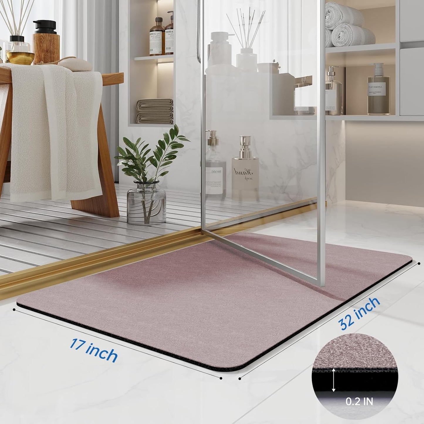 Bath Mat Rugs 32x17 - Diatomaceous Earth Bath Mat Quick Dry Absorbing Bathroom Rugs Rubber Non Slip Thin Bathroom Mat Fit Under Door, Bath Mats for Bathroom Floor, Tub and Shower, Sink, Blush Pink