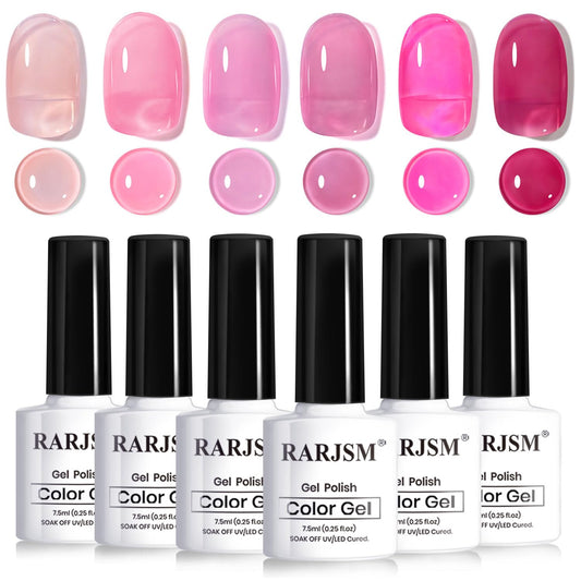 RARJSM Nude Pink Jelly Gel Nail Polish Set 6pcs Clear Crytal Stained Glass Purple Pink Series Transparent Sheer Amber Milky Gel Varnish LED UV Curing Requires Soak off French Manicure Home Salon