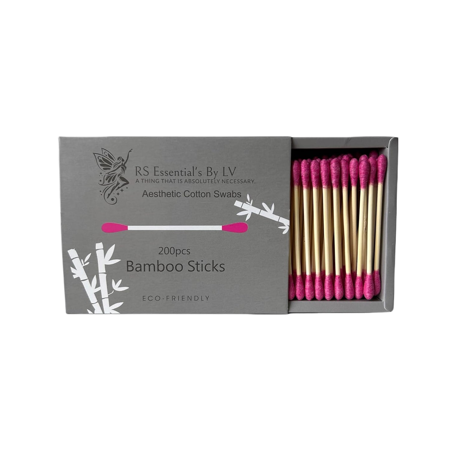 RS ESSENTIAL'S BY LV: Aesthetic Cotton Swabs Sticks Ear Swabs Bamboo swabs 200 Count Cotton Buds In 5 Colorful Colors (Hot Pink)