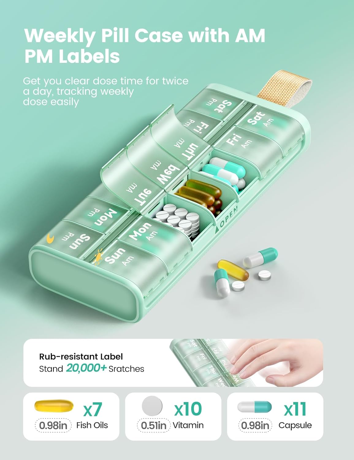 Weekly Pill Organizer AM PM 7 Day Pill Box, Large 2 Times a Day Medicine Case with Carry Handle, Moisture-Proof Desiccant & Secure Easy-Open Lids for Vitamins and Supplements
