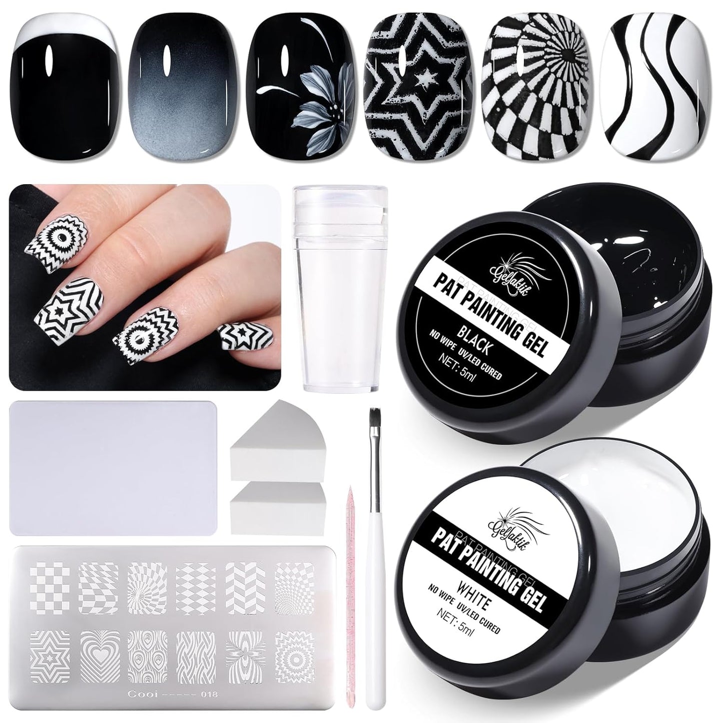 Nail Art Stamping Polish, 2Pcs Ombre Gel Polish Black&White, Gradient Pat Painting Gel Nail Polish French Manicure Kit with Nail Art Stamp Plate, Nail Stamper Scraper Set, UV/LED Curing Required