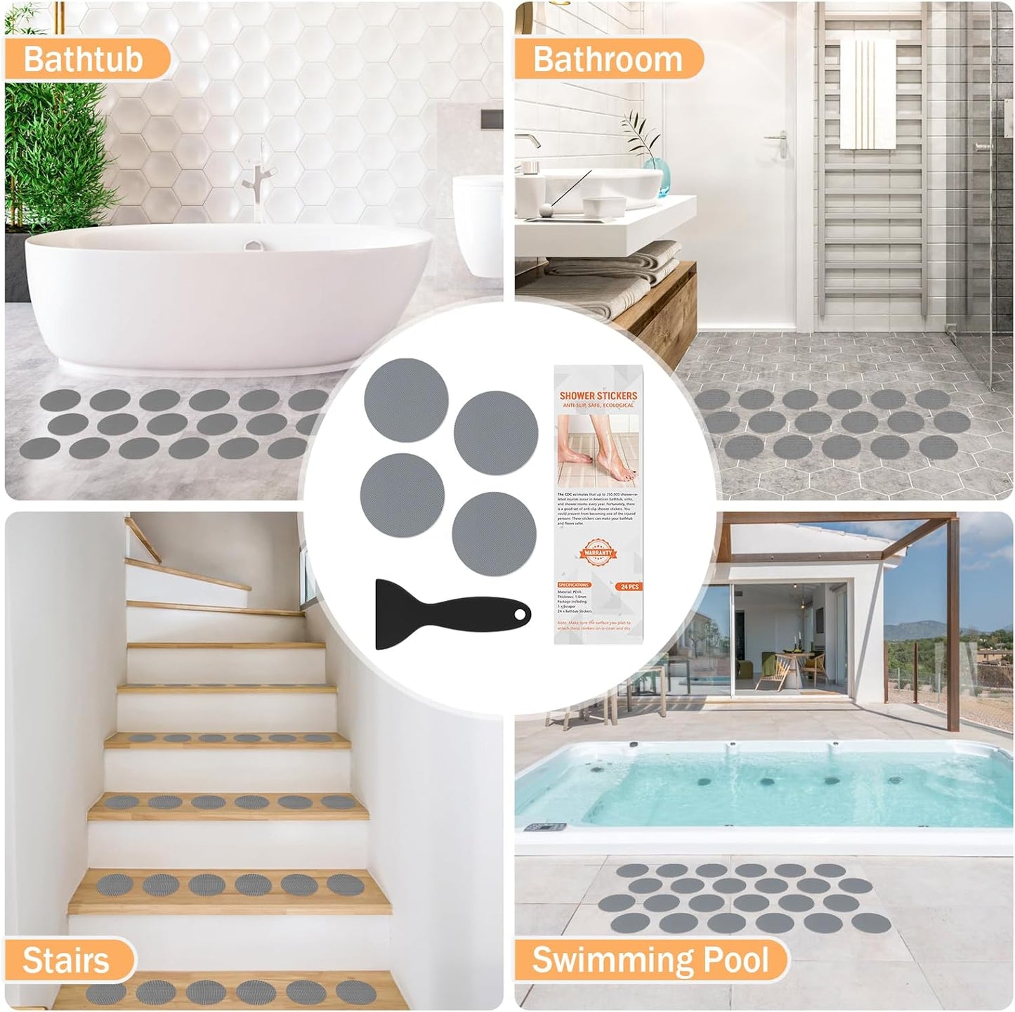 Non Slip Bathtub Stickers, 24 PCS Shower Stickers for Safety Bathroom Tubs, Bathtub Non Slip Stickers and Adhesive Decals Scraper for Bath Tub, Shower Floor, Stairs, Ladders(Round Shape, Grey)