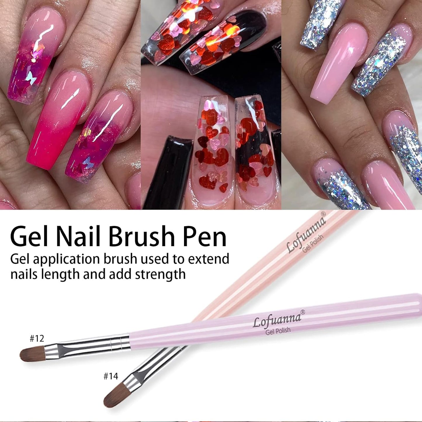 Lofuanna Nail Art Brushes Set Gel Nail Brush 7Pcs Poly Extension gel Brushes French Manicure Tools Nail Art Tips Builder Brushes Acrylic Painting Drawing Pen for Home and Professional Salon Use Sizes #2,4,6,8,10,12,14