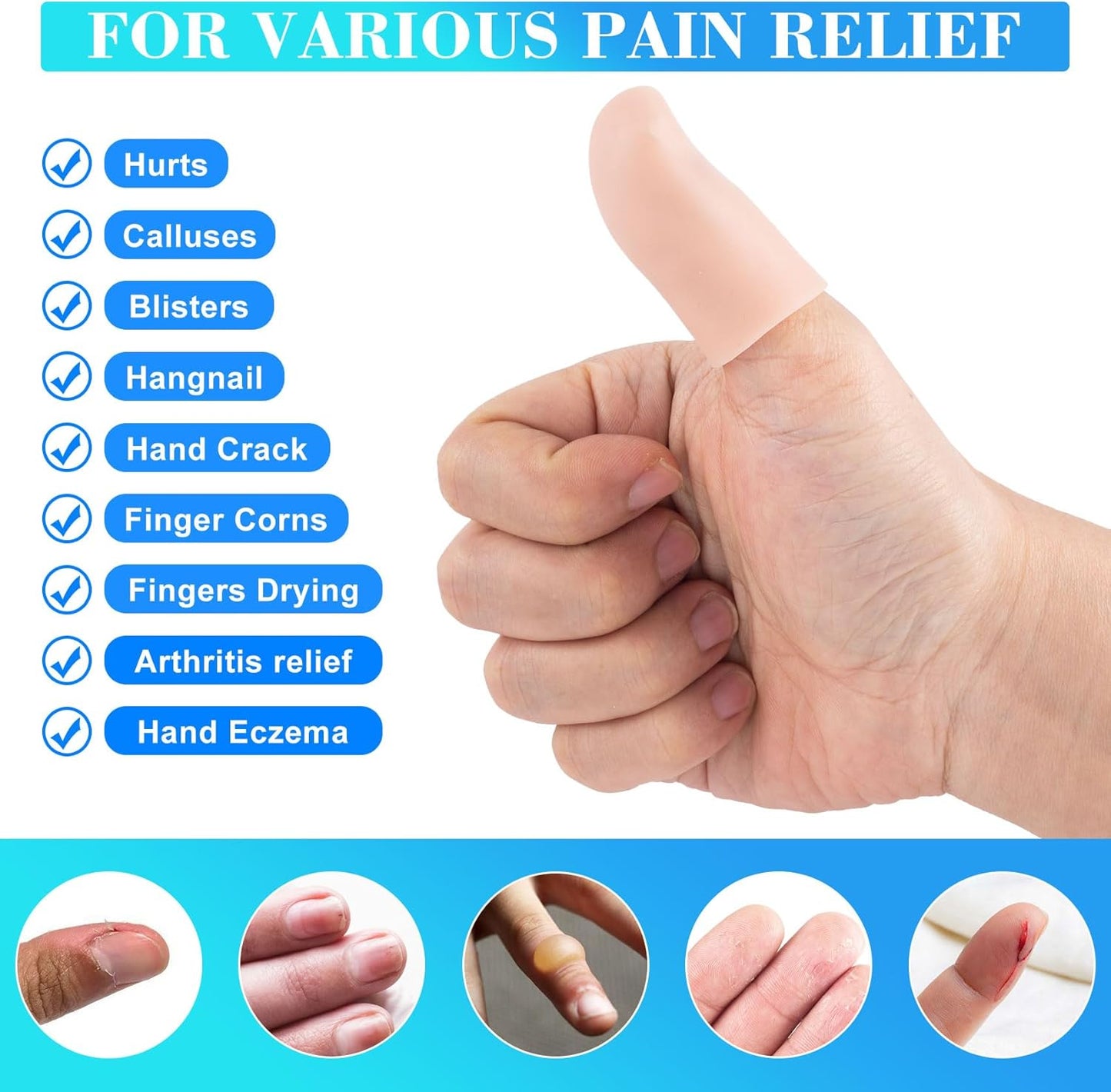 ANCIRS 14pcs Gel Finger Support Protector Caps Gloves, Gel Finger Cots/Covers, Silicone Fingertips for Hands Cracking, Eczema Skin, Trigger Finger Arthritis Pain Relief