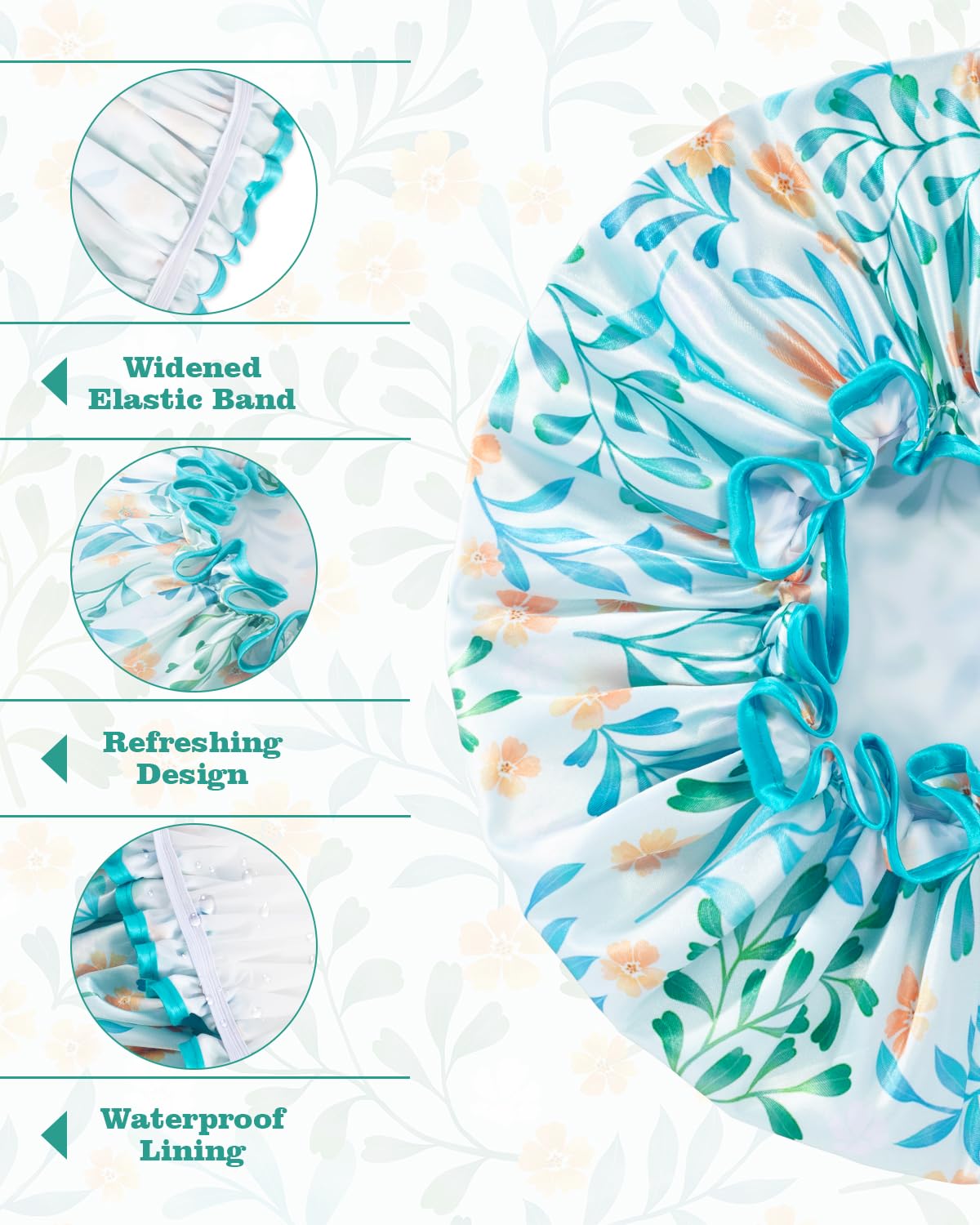 Aquior Shower Cap for Women, Reusable Shower Caps Double Layer Waterproof Womens Girls Adult Hair Cap for all Hair Lengths with EVA Lining, Soft Shower Caps for Long Thick Hair