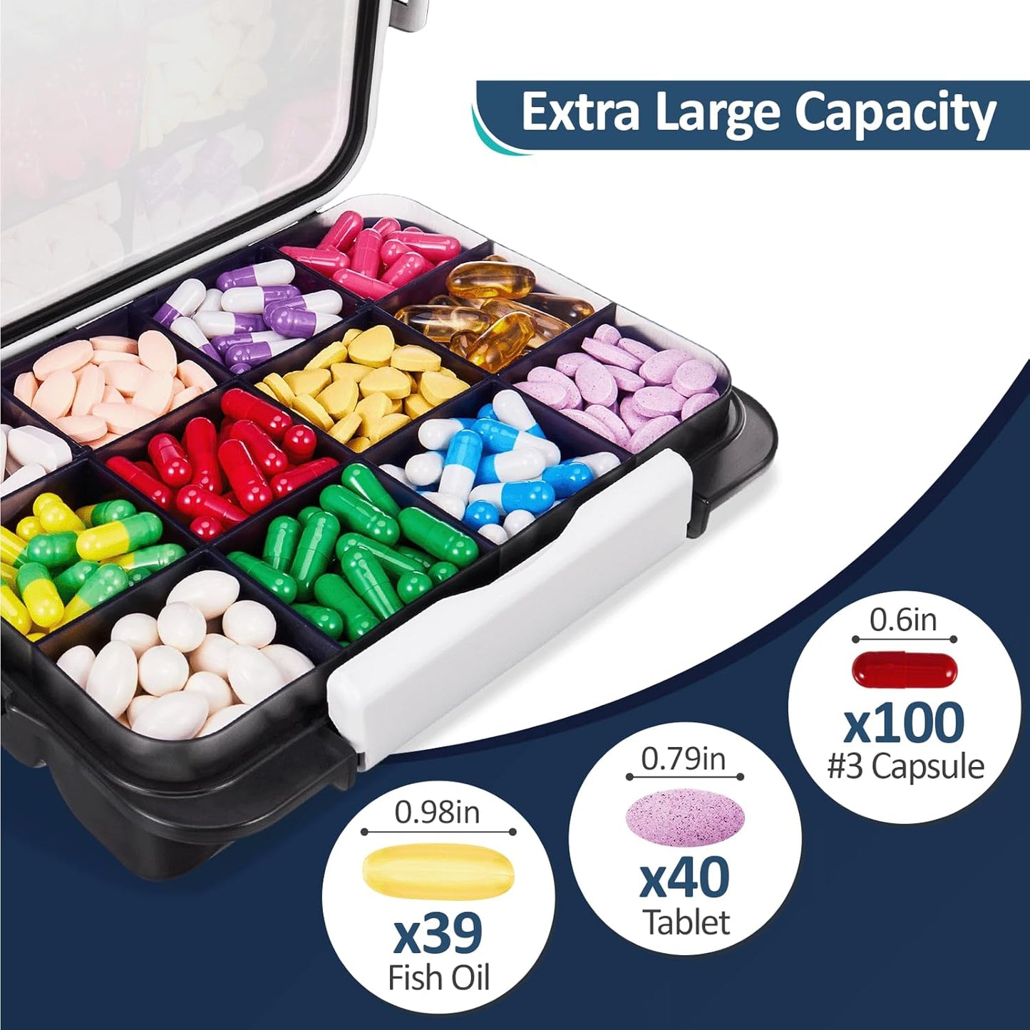 Fullicon Daily Travel Moisture Proof Pill Case with 12 Extra Large Compartment, Pill Organizer with 3 Secured Buckles, Large Supplement Box for Vitamin with Removable Dividers (Black)