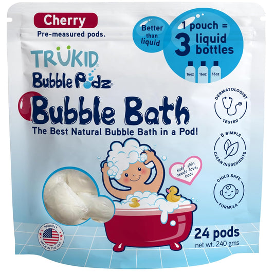 TruKid Bubble Podz Bubble Bath for Kids, Toddlers, & Babies, Tear Free Gentle & Refreshing Bath Bomb for Sensitive Skin with Natural Moisturizers, Non-Toxic, pH Balanced, Cherry Scent (24 Podz)