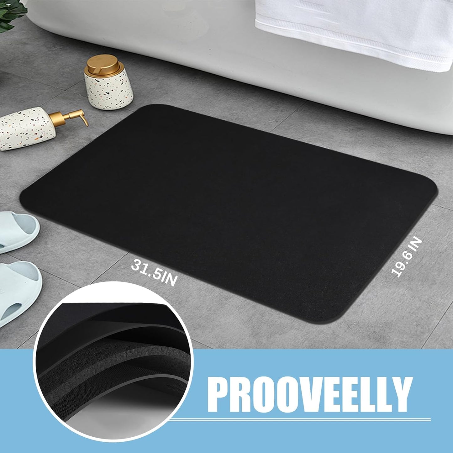 Diatomaceous Earth Bath mat Bathroom Rugs Super Absorbent Quick Dry Non Slip Bath Mat Thin Bathroom Floor Mats Fit Under Door-Shower Rug for in Front of Bathtub Shower, Black, 19.6"x31.5"