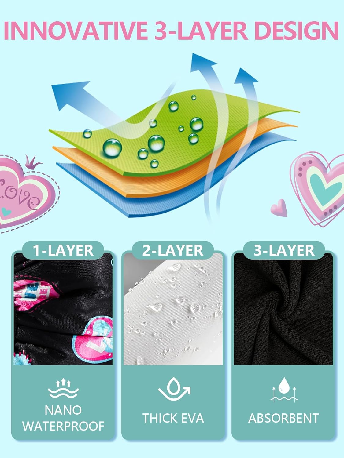 Years calm Terry Lined Shower Cap, Triple Layer Heart Motifs,Waterproof Reusable Elastic,Hair Shower Cap for Women,Terry Cloth Shower Caps for Spa,Clean,Trave (Black, One Size)