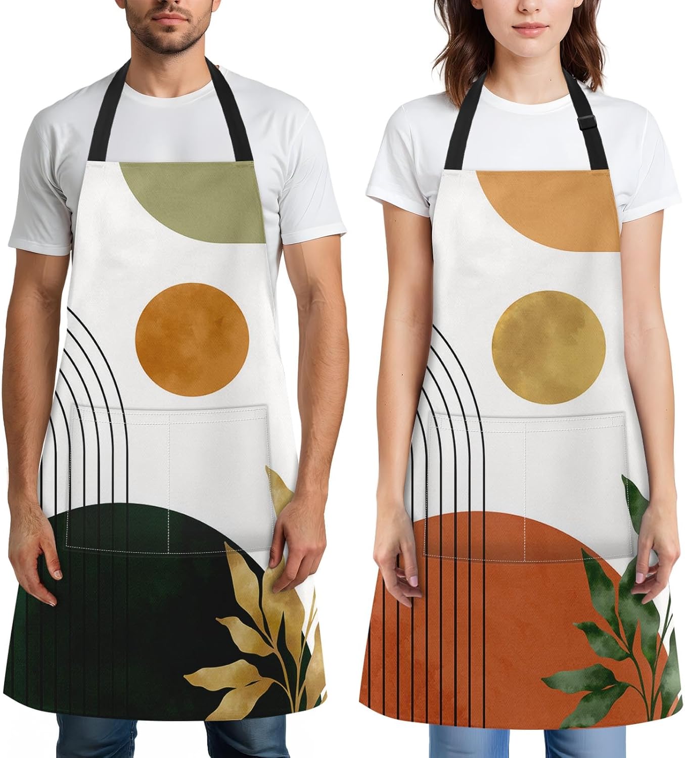 Britimes 2 Pack Aprons, Boho Mid Century Sun Adjustable Bib Aprons with 2 Pockets for Women Men Couple Lovers Chef Home Kitchen Cooking Baking Gardening Orange Green Apron 32x28 Inches