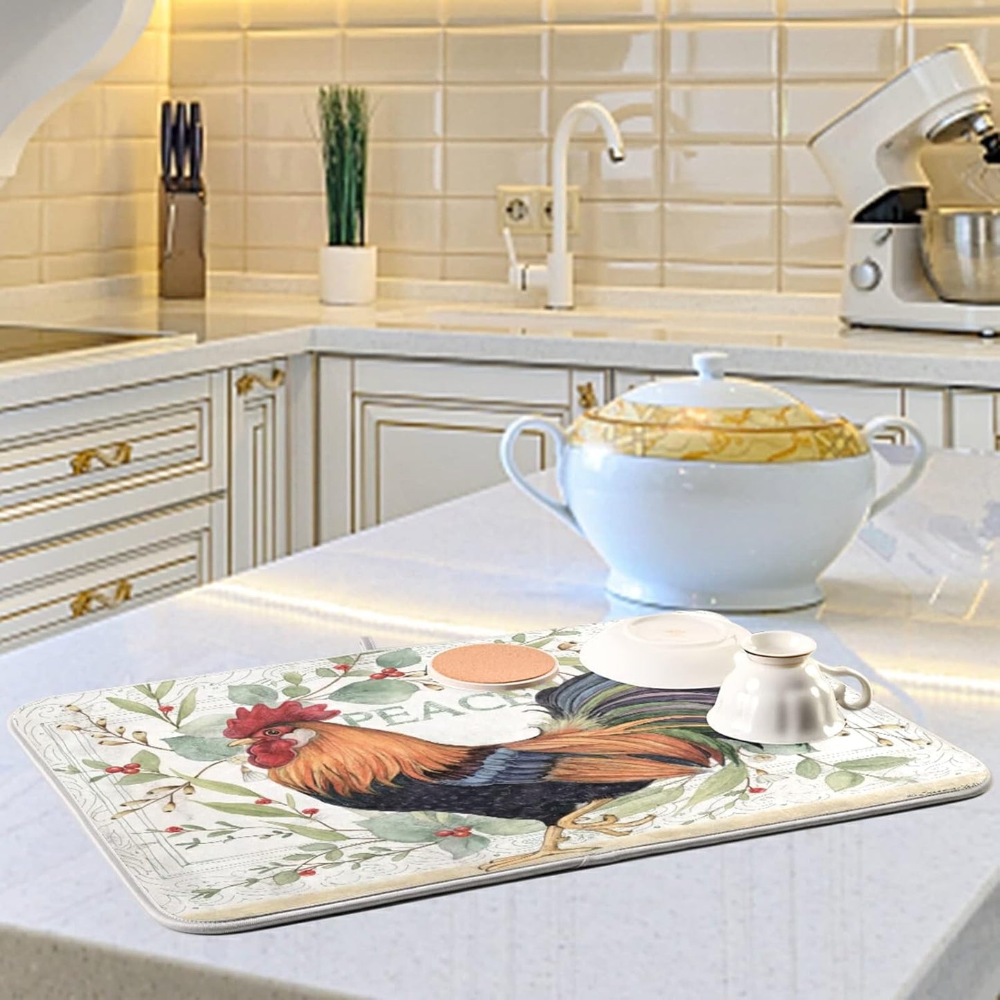 Farmhouse Rooster Farm Dish Drying Mats for Kitchen Drying Mat 16 x 18 Inch Absorbent Microfiber Drying Dish Mat Machine Washable Dish Rack Pad Dish Drainer Mat