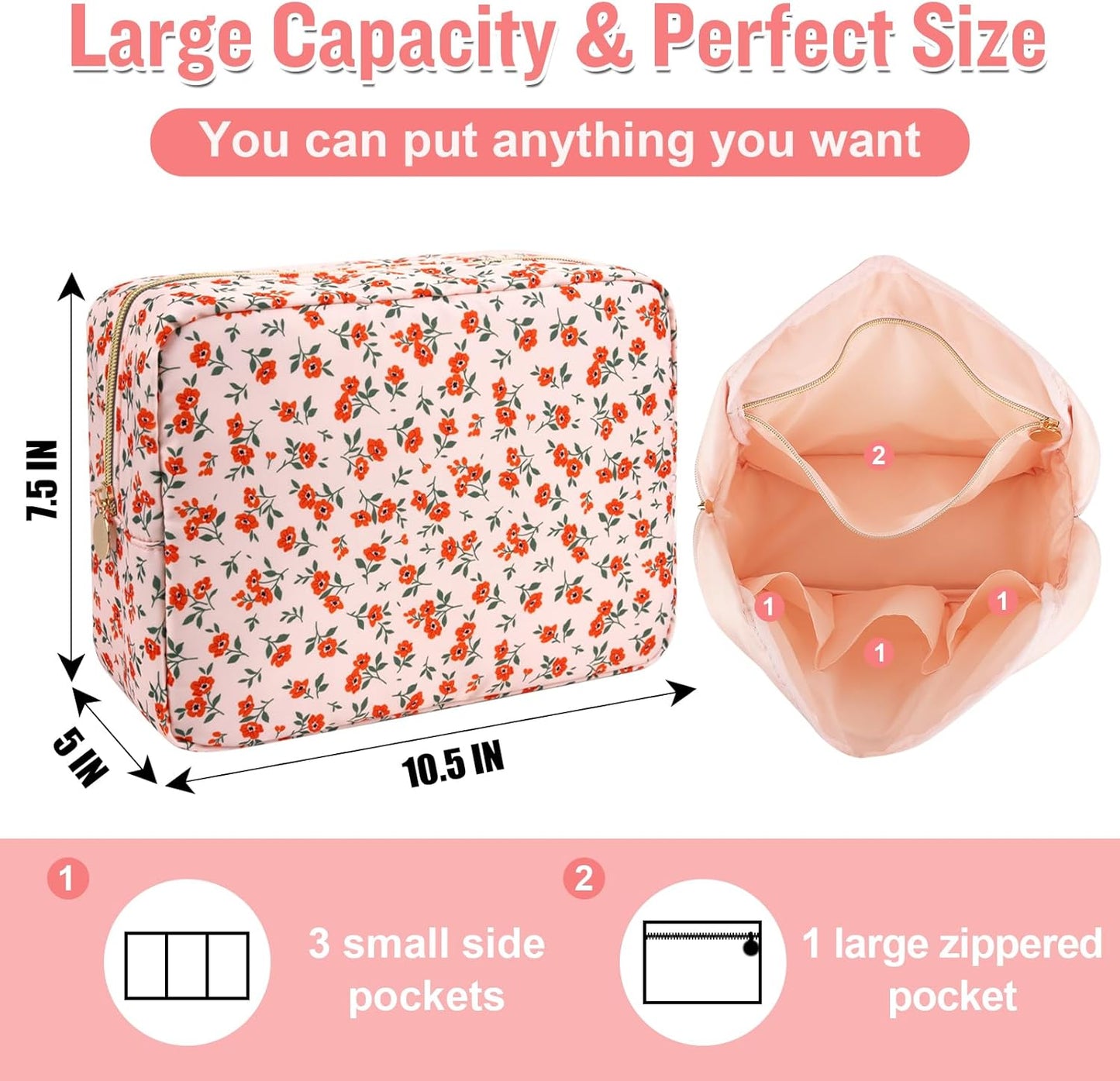 Nylon Large Floral Makeup Organizer Bag, Preppy Big Cute Flower Cosmetic Zipper Pouch Multi-compartment with Dividers, Waterproof Toiletry Make Up Brushes Bag Travel Essentials for Women(Pink-Floral)