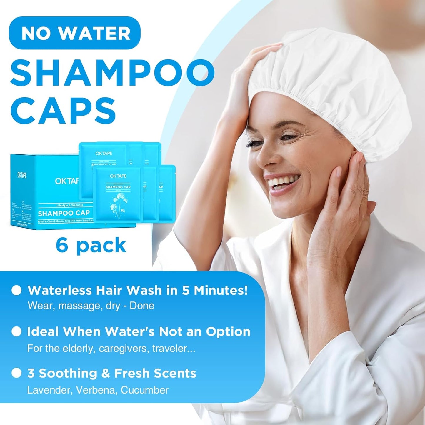 OK TAPE No Water Shampoo Caps (6 Pack) 3 Scents, Rinse Free Shower Cap for Elderly, After Surgery, Camping, Shampoo and Conditioner Hair Wash Cap (Lavender, Verbena and Cucumber Scents)