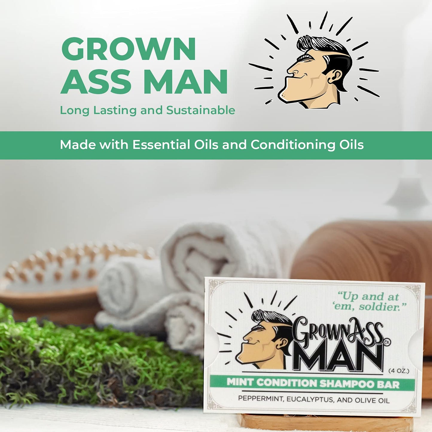 Grown Ass Man Co. - Solid Shampoo Bar Rich Lather 3 in 1: Hair, Beard & Body Wash - Plastic Free & Eco-Friendly, Natural & Organic Clean for All Hair Types, 4oz Bar (Mint Condition, 3-Pack)