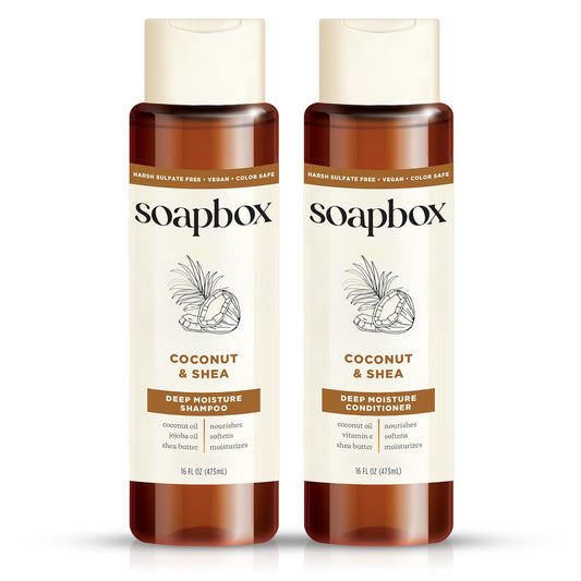 Soapbox Shampoo and Conditioner Set with Coconut Oil, Jojoba Oil, Aloe and Shea Butter to Moisturize and Nourish for All Hair Types, 16 Ounces Each (Pack of 2)