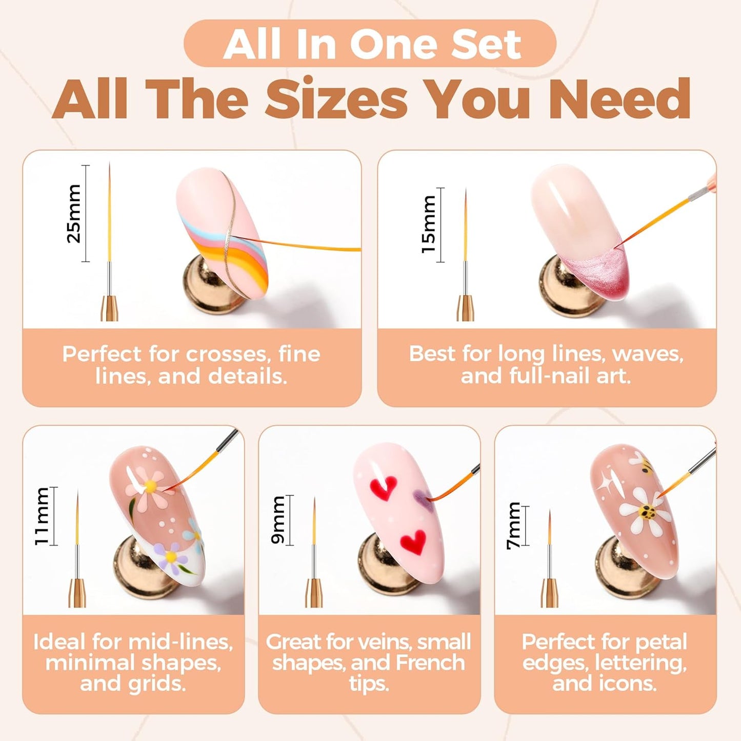 UNA GELLA Nail Art Brushes Metallic, Liner Pens Set For Nail Art Gel Polish, 5Pcs White Color, Detail Nail Art Design Painting Brush Set For Nails Gel Fine Drawing Nail Tools, Sizes 7/9/11/15/25mm