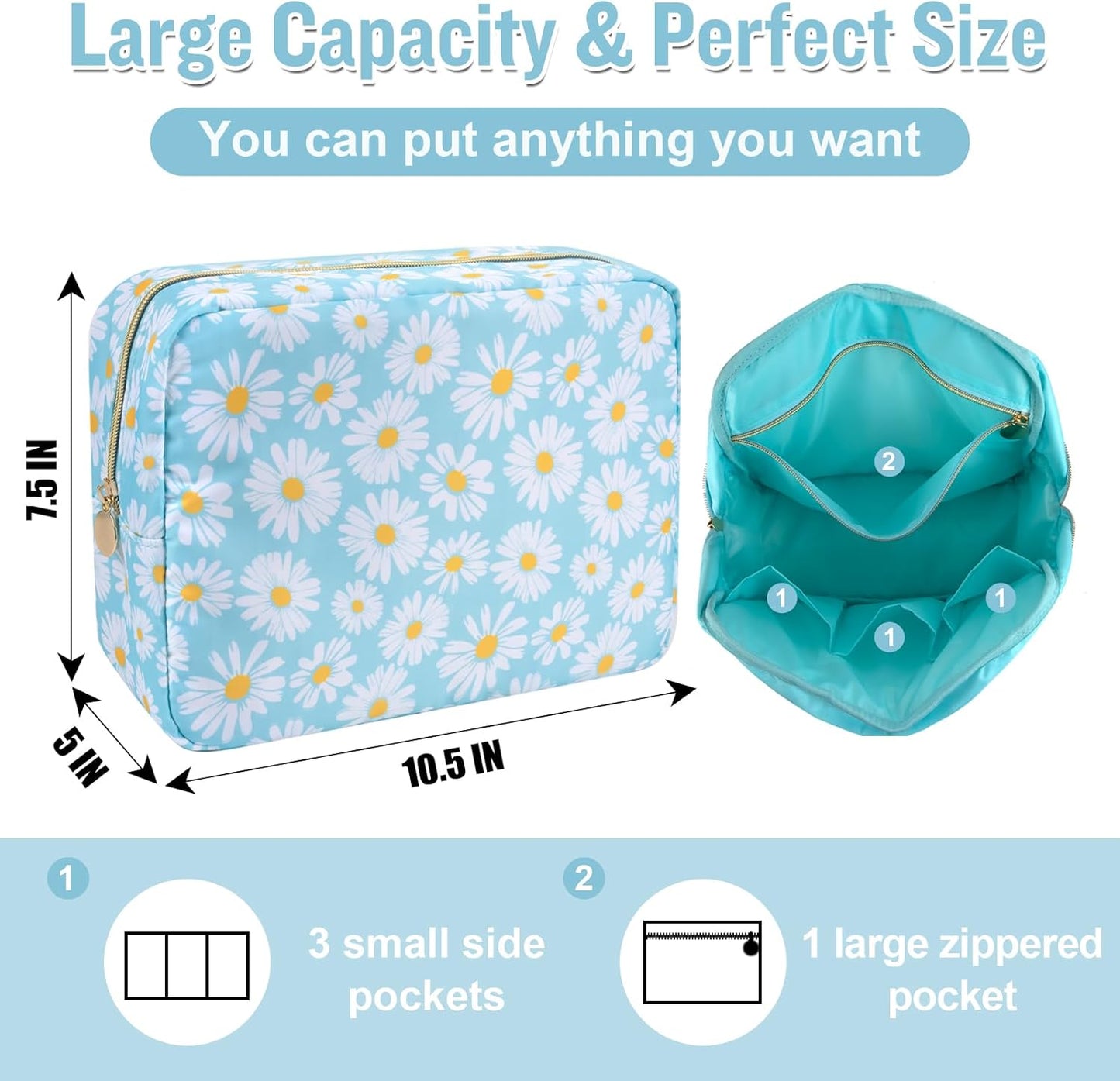 Nylon Large Floral Makeup Organizer Bag, Preppy Big Cute Flower Cosmetic Zipper Pouch Multi-compartment with Dividers, Waterproof Toiletry Make Up Brushes Bag Travel Essentials for Women(Blue-Daisy)